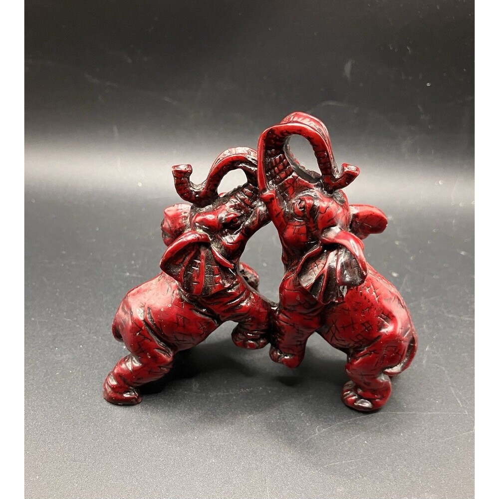 Elephants Raised Trunks Figurine 3” Red Resin Asian Sculpture Love Friendship
